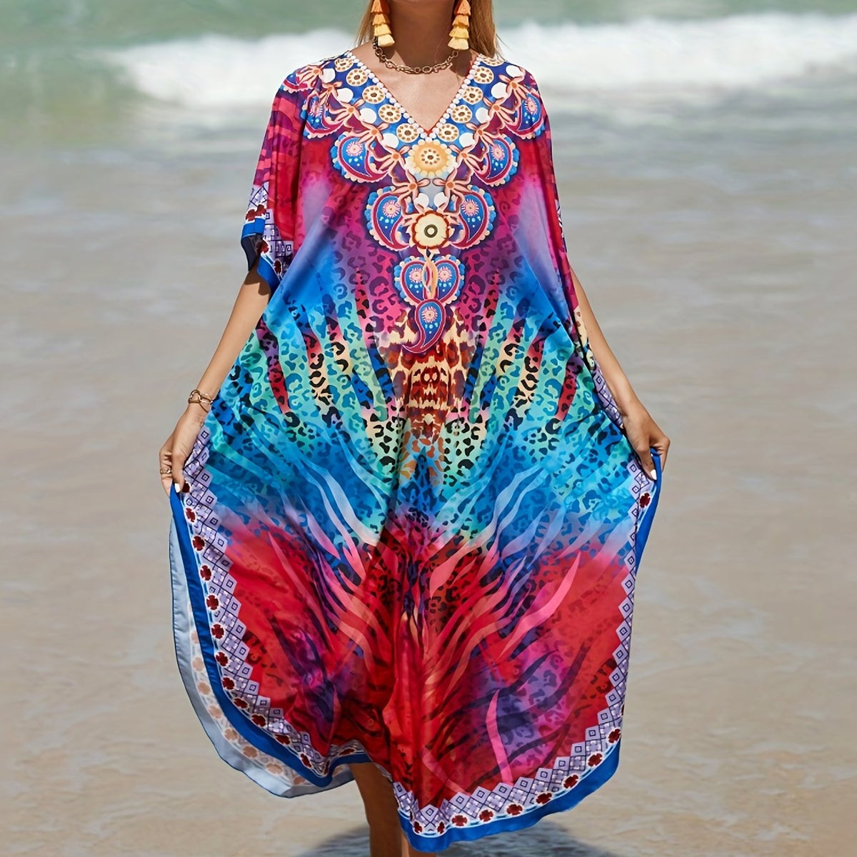  Boho Cover Up Dress Leopard Print V Neck
