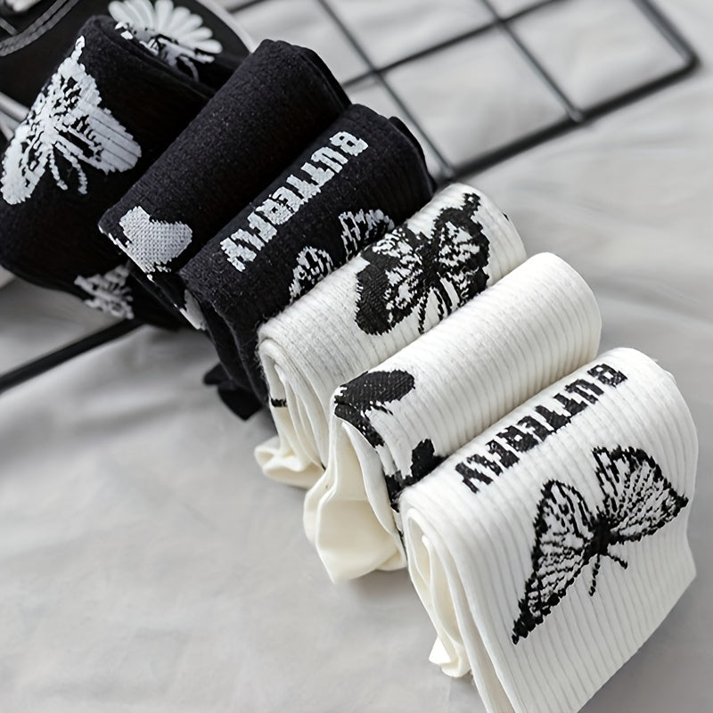 6 Pairs Butterfly Print Mid Tube Socks Women's Stockings