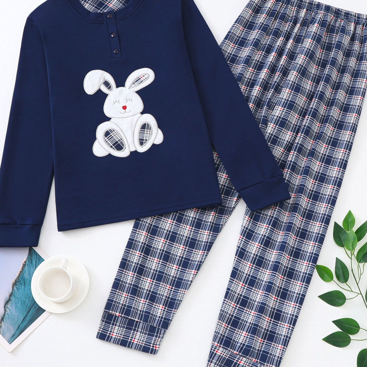 Bunny Print Pajama Set Long Sleeve Top & Plaid Pants