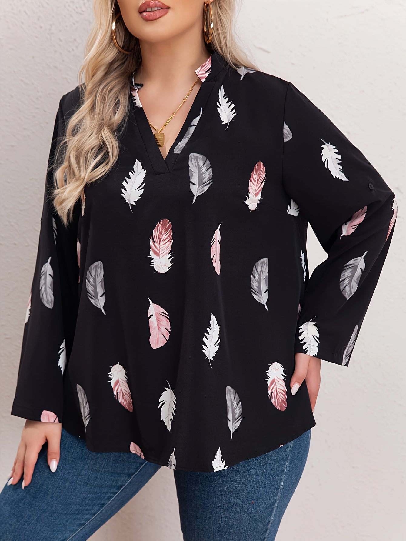  Feather Print Long Sleeve Top