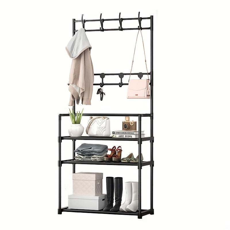 Entryway Coat and Shoe Rack with Hooks and Shelf