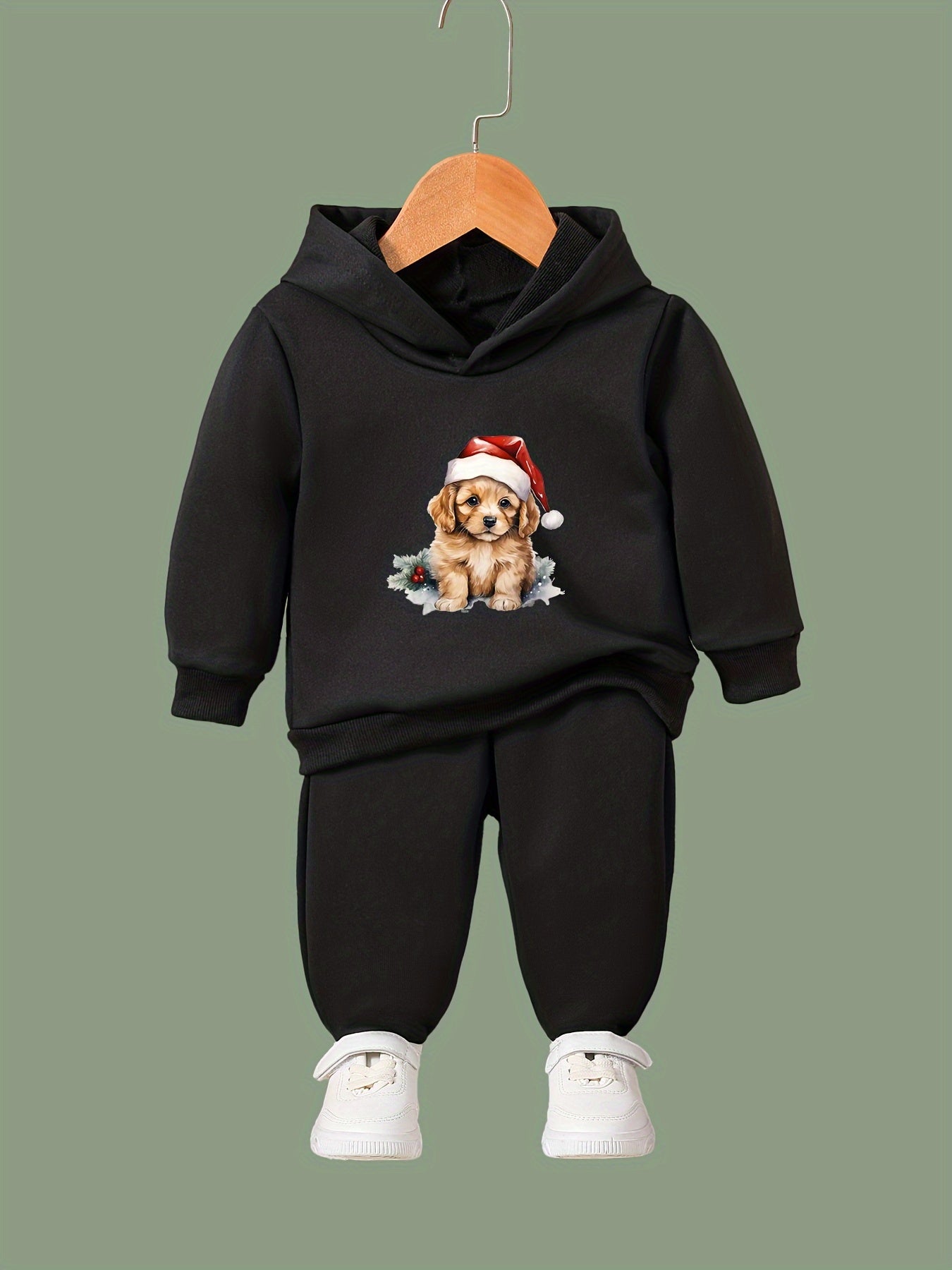 Girls Dog Santa Hat Pattern Hooded Sweatshirt Sweatpants Set