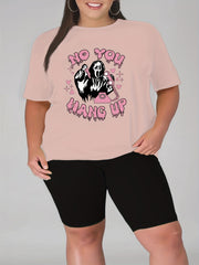  Funny Skull & Slogan Print T-shirt & Biker Shorts Outfit Set