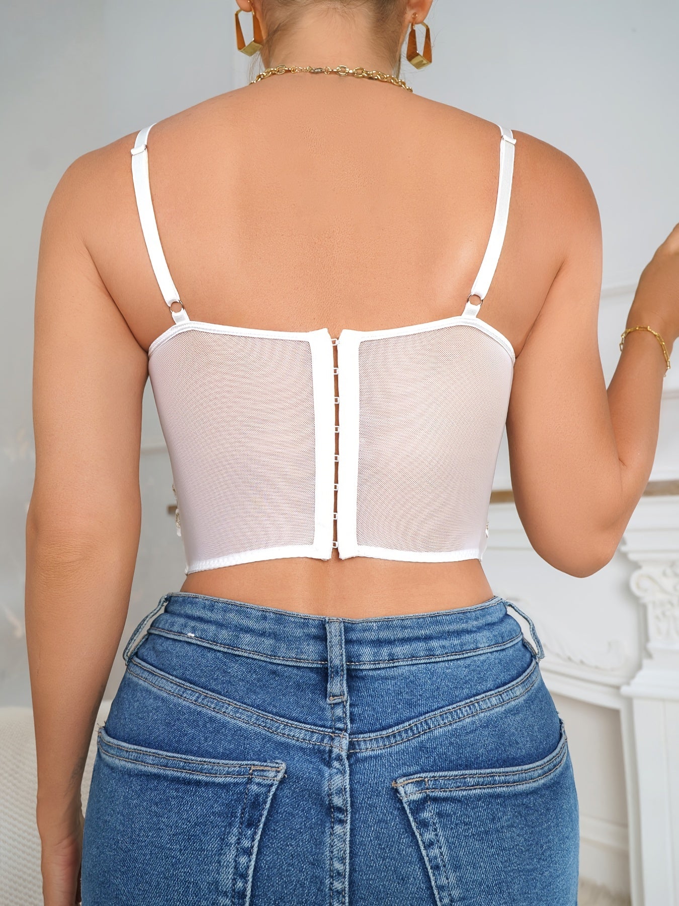 Floral Embroidery Cami Crop Top Hollow Out V Neck Mesh Bustier