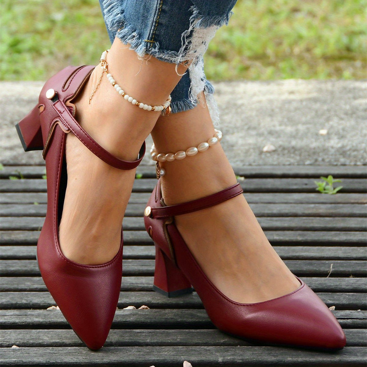 Women's Pointed Toe Pumps Ankle Strap Chunky Heels Mid Heels