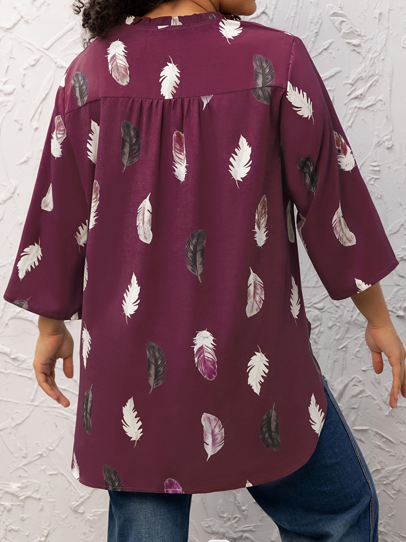  Casual Blouse Women's Plus Feather Print Long Sleeve