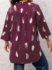  Casual Blouse Women's Plus Feather Print Long Sleeve