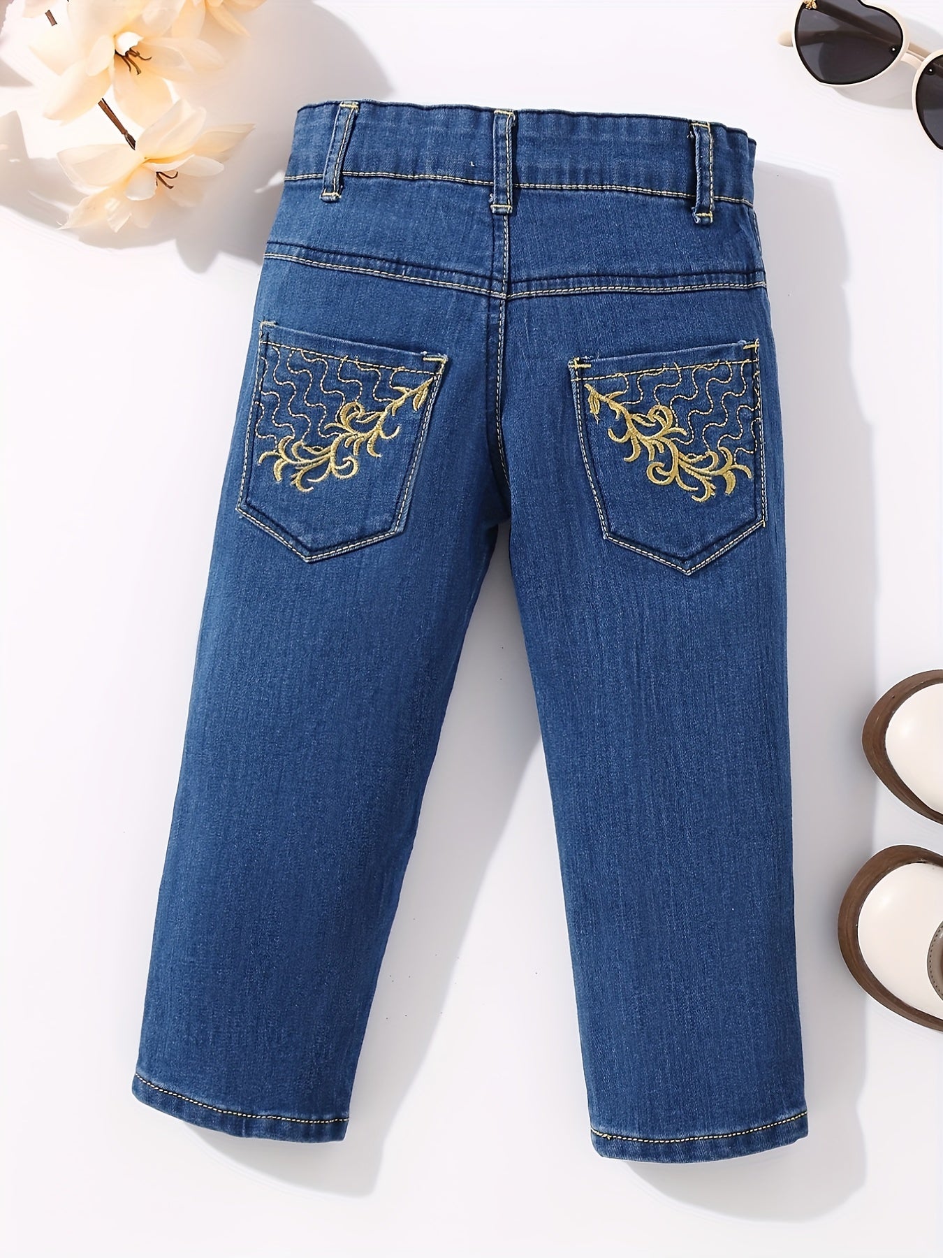Girls' Swirls Embroidered Denim Pants Regular Fit