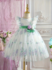 Girls' Romantic Rose Dress Mesh Princess Dress With Flutter Sleeve