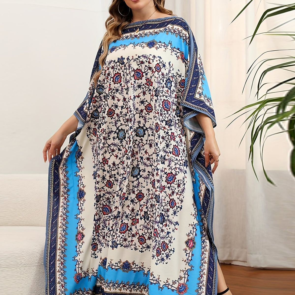  Boho Cover Up Dress Women's Plus Colorblock Floral Print Bat Sleeve V