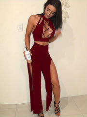 Sexy Solid Two piece Pants Set Criss Cross Crop Top & Split Pants