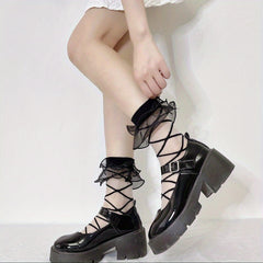 Cross Pattern Mesh Socks Ruffle Sheer Stockings