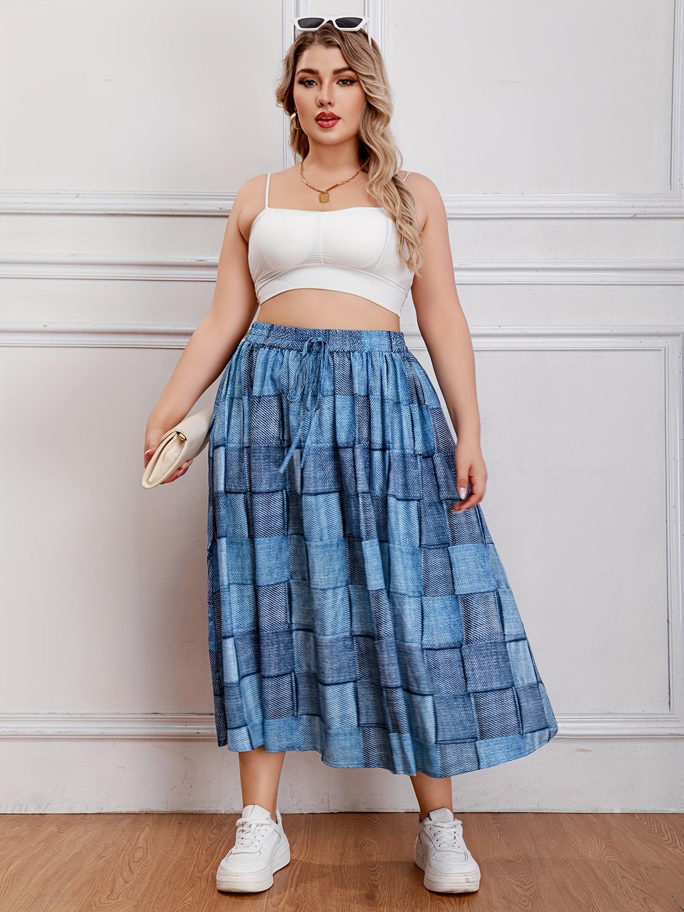  Colorblock Denim Print Maxi Skirt