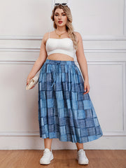  Colorblock Denim Print Maxi Skirt