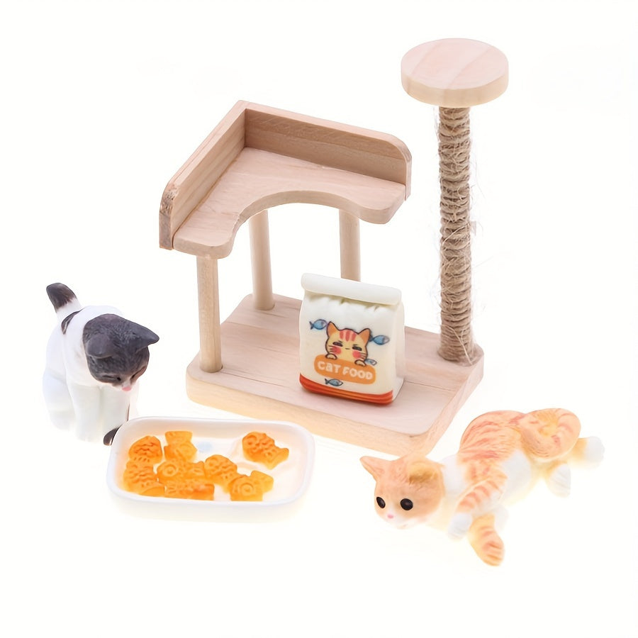 Wooden Cat Climbing Frame Dollhouse Model Ornament Small Fish DIY Accessories