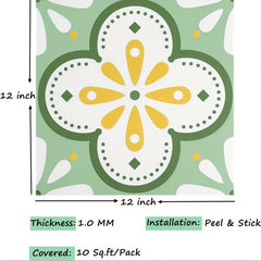Green Flower Peel and Stick Floor Tile - Set of 15
