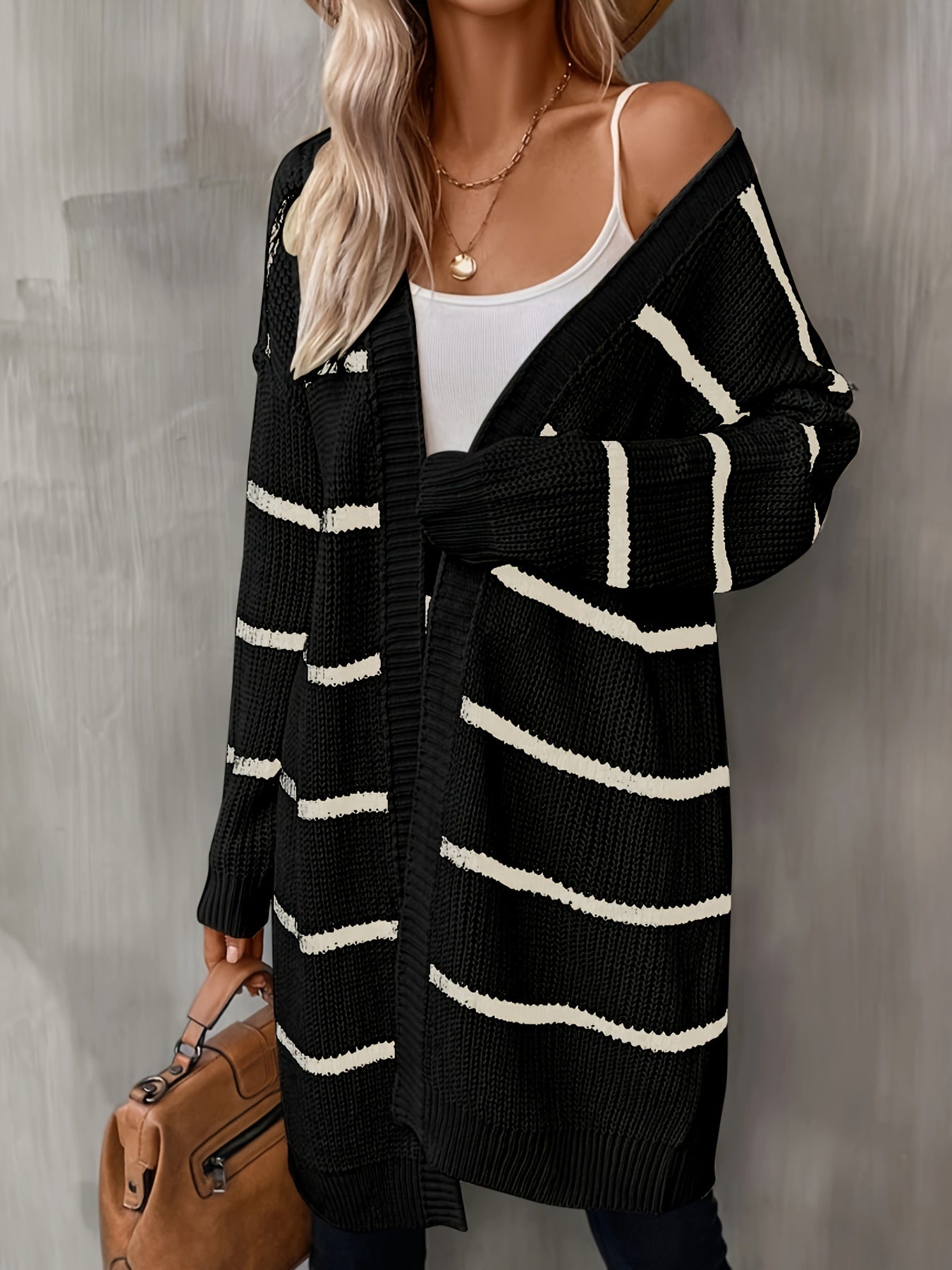 Striped Open Front Drop Shoulder Cardigan Casual Long Sleeve Cardigan