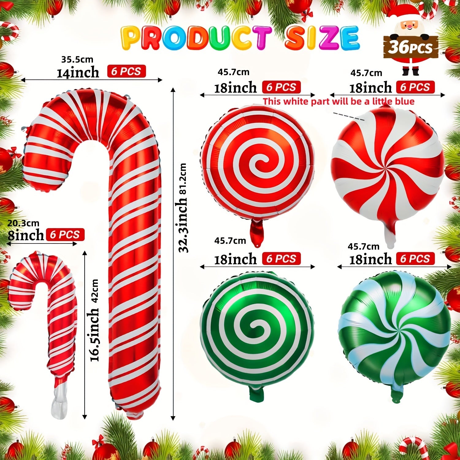 36pcs Christmas Candy Balloons Kit Large Swirl Cane Candy Foil Balloons