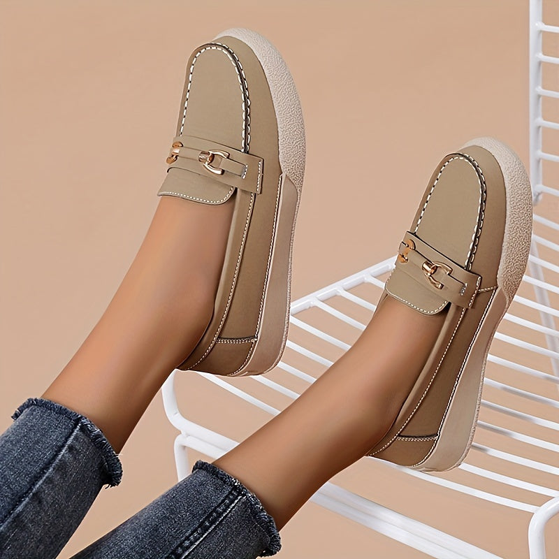 Women's Comfy Flat Loafers with Metallic Buckle Decor