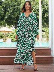  Green Dot Print Maxi Kaftan Cover Up Dress