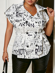  Letter Print Cap Sleeve Blouse With Belt