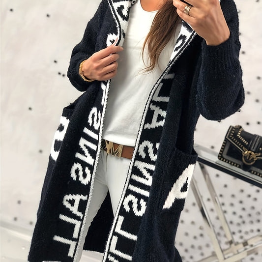  Letter Print Hooded Cardigan with Pockets