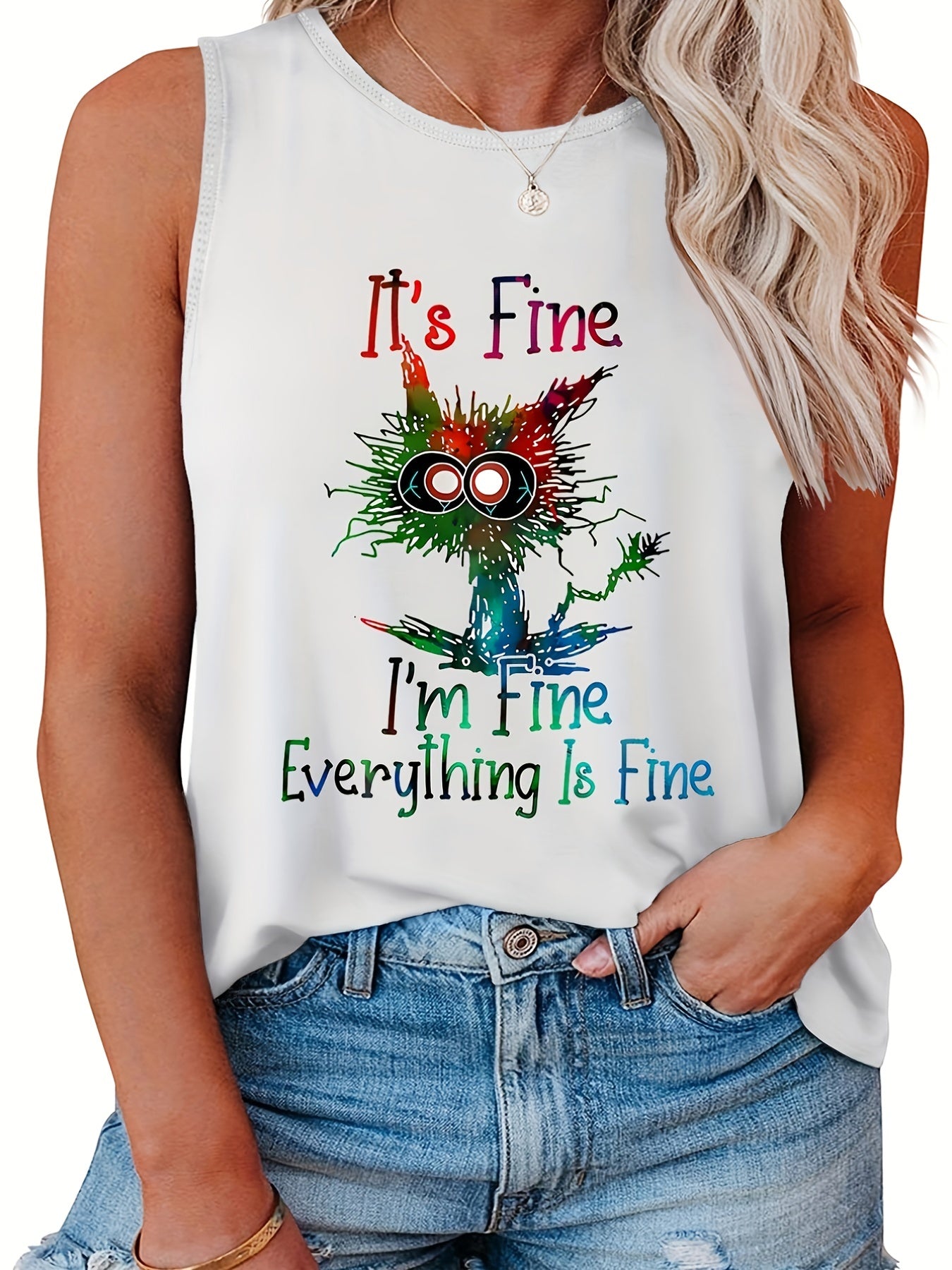  Casual Tank Top Women's Plus Slogan & Graphic Print Round Neck Tank