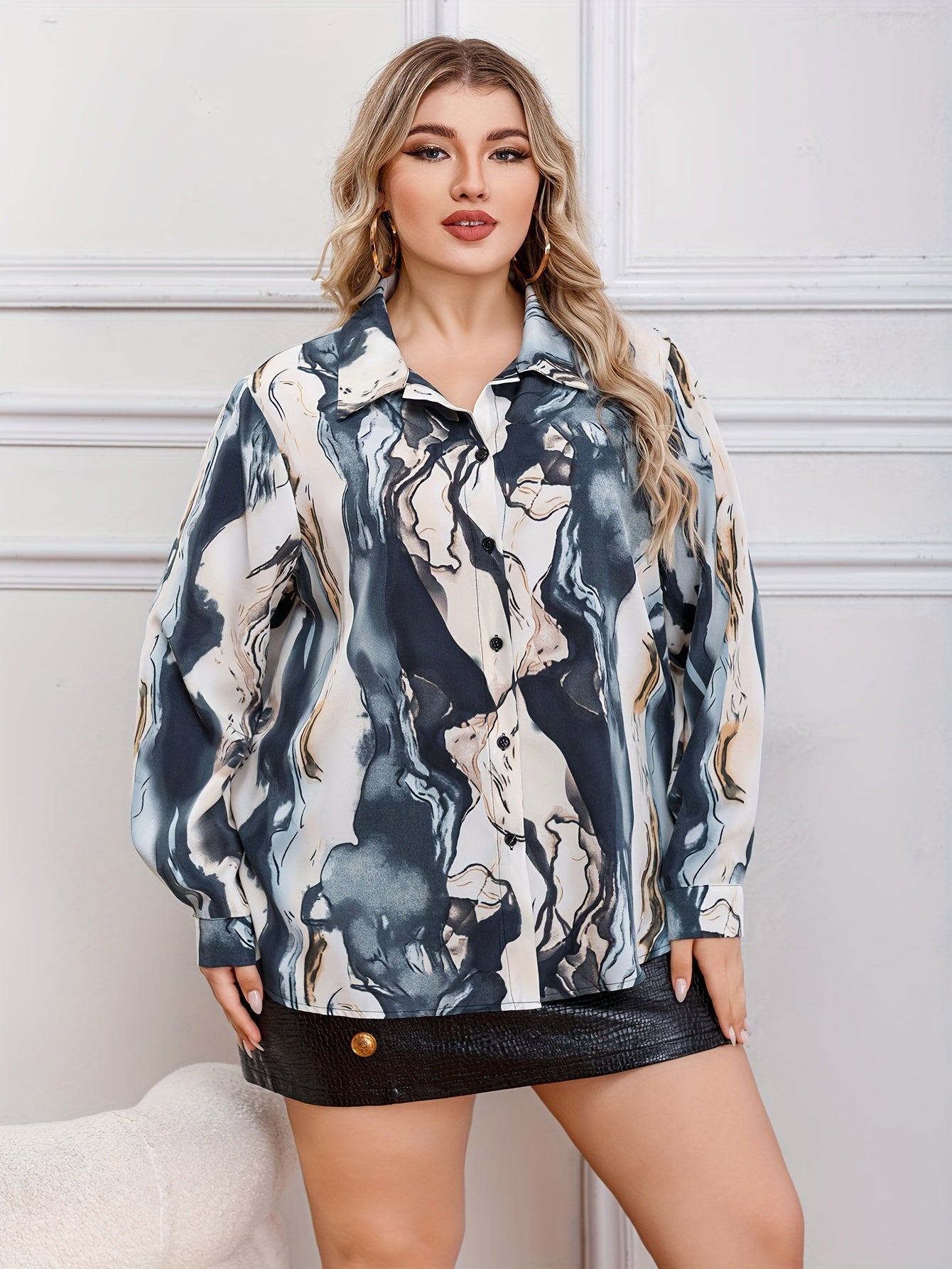 Women's Plus Marble Print Button Up Shirt Top
