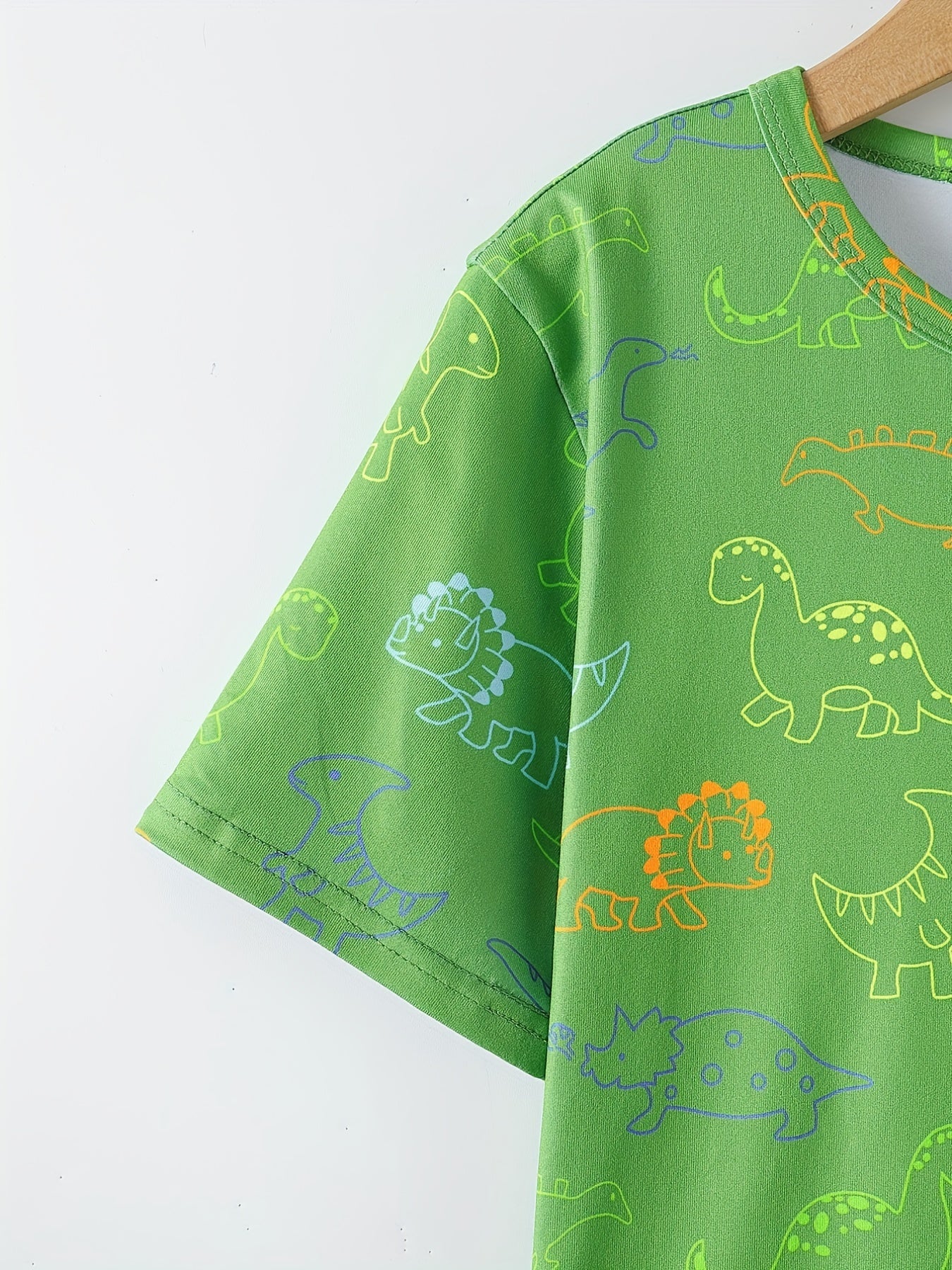 Boys Dino Print Pajama Set Short Sleeve Round Neck Elastic Waist Pants