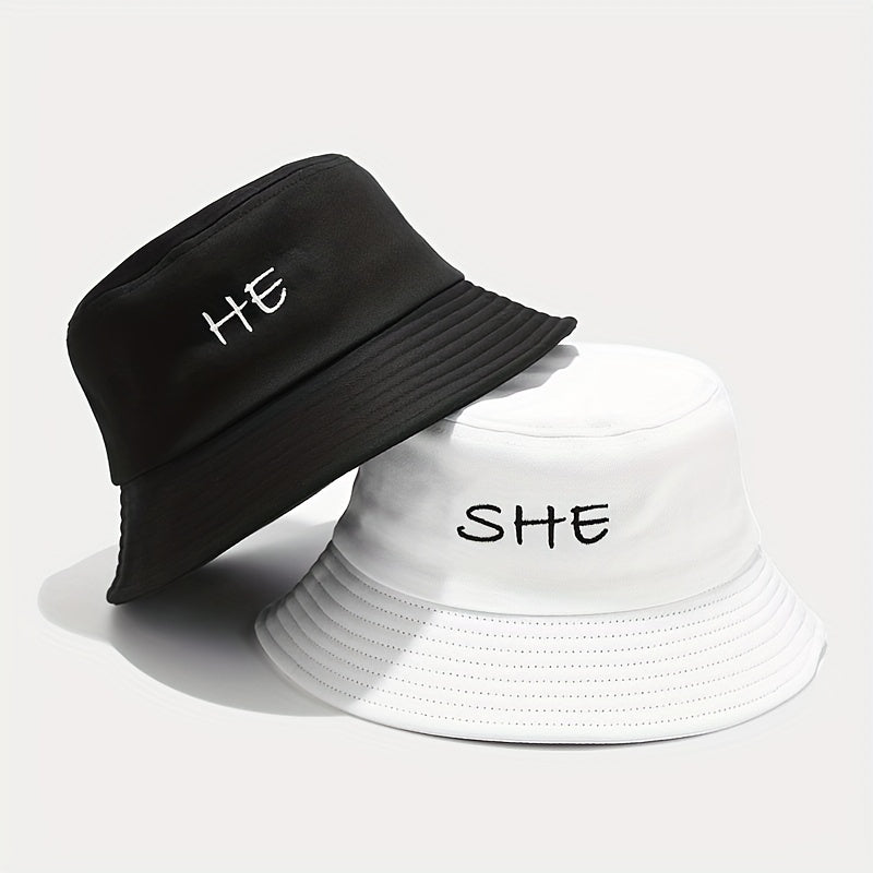 Foldable Bucket Hat with SHE HE Embroidery, Sun Hat for Men Women