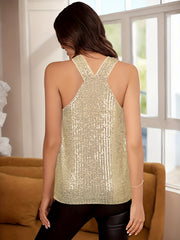 Sequined Keyhole Top Sexy Solid Party Sleeveless Top