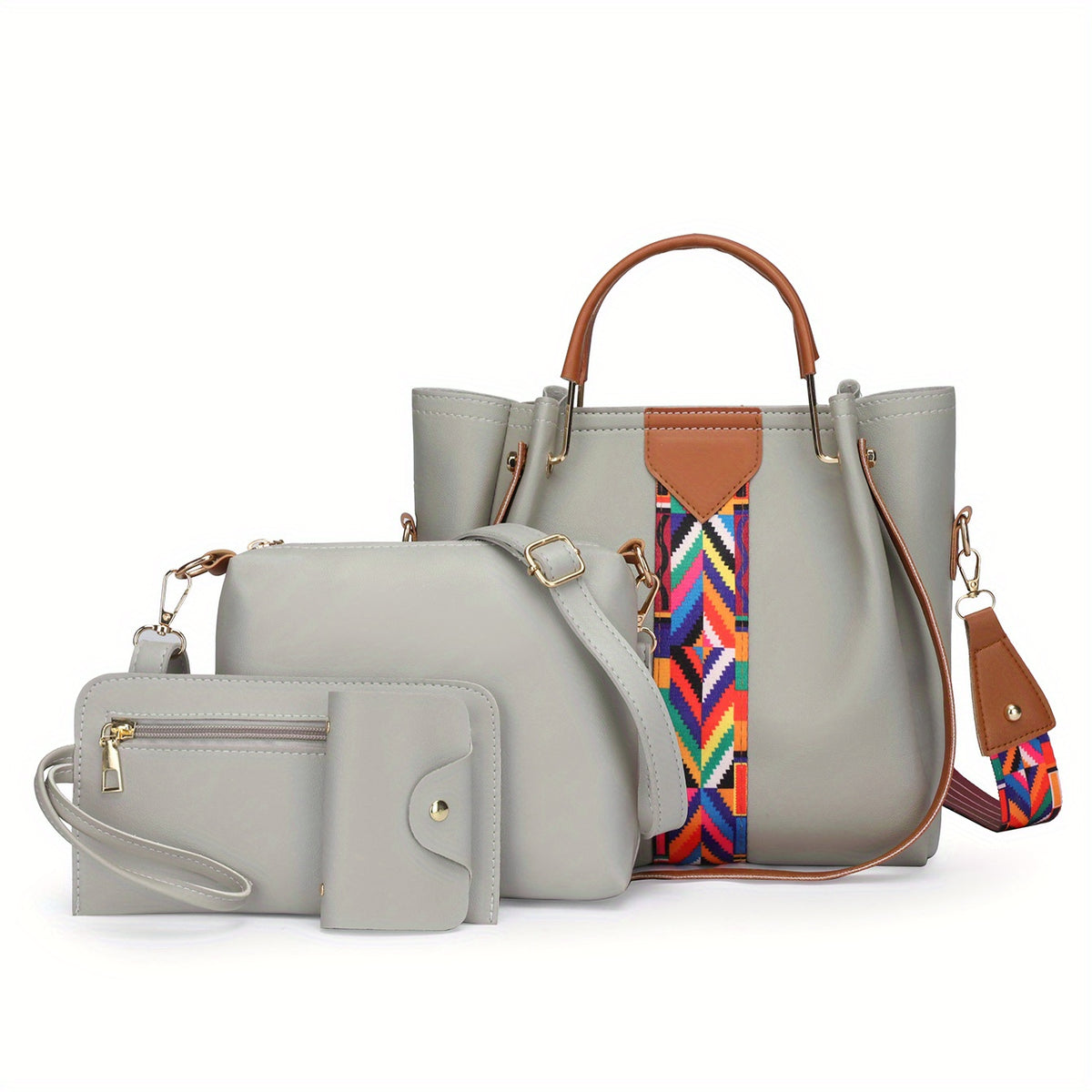 4Pcs Stripe Decor Bag Set Faux Leather Handbags With Crossbody Bag & Clutch
