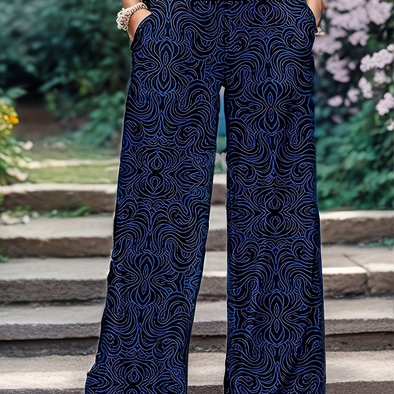  Printed High Rise Wide Leg Trousers With Pockets