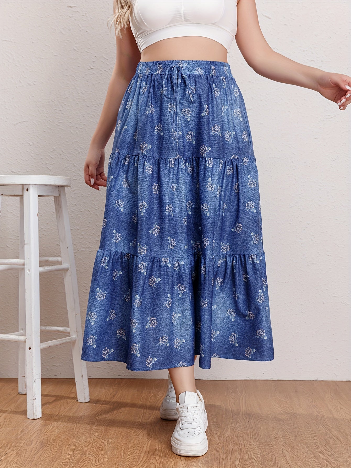  Floral Print Drawstring Elastic Maxi Skirt