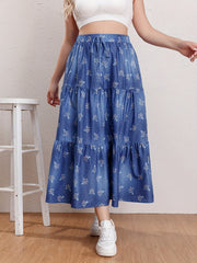  Floral Print Drawstring Elastic Maxi Skirt