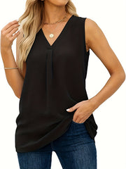  Solid Chiffon V Neck Pleated Tunic Tank Top
