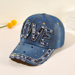 LOVE Rhinestone Patch Baseball Cap Y2K Washed Distressed Bling Dad Hats