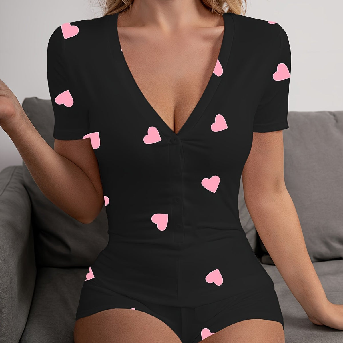Heart Print Pajama Romper Short Sleeve V Neck Pajamas Women's Lingerie