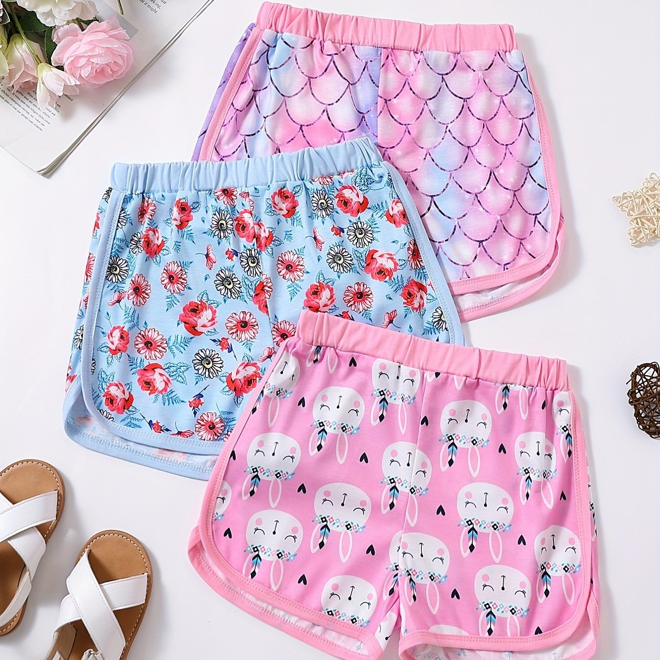 3pcs Toddler Girls Fish Scales & Rabbits Flowers Elastic Waist Track Shorts