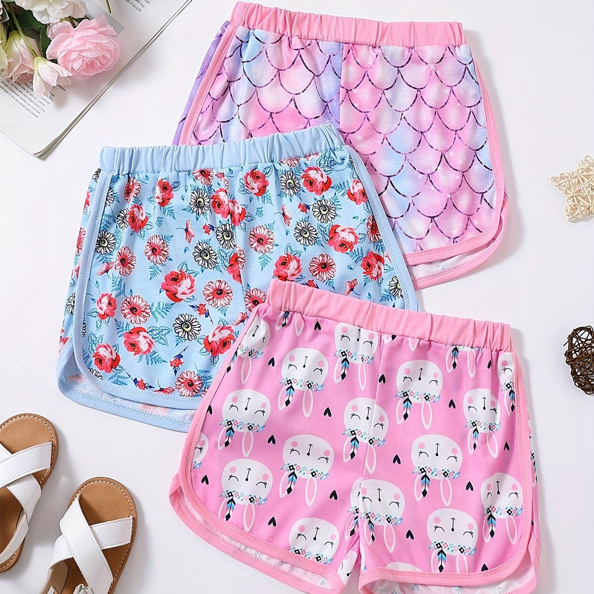 3pcs Toddler Girls Fish Scales & Rabbits Flowers Elastic Waist Track Shorts
