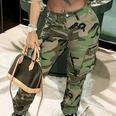 High Waist Camo Cargo Jeans Medium Stretch Denim Pants
