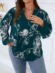  Floral Print Lantern Sleeve V Neck Top