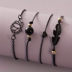 4 Pcs Stackable Lotus Chain Anklet Set For Women