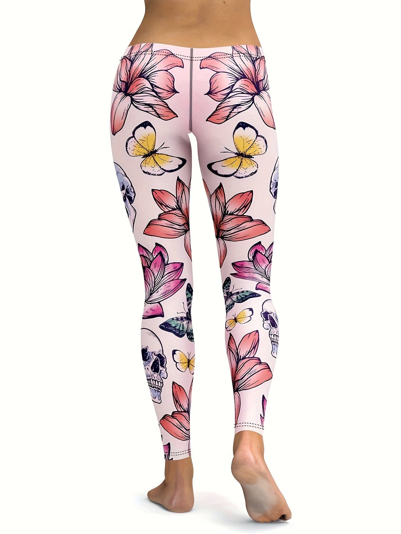 Women's Skull Butterfly Lotus Print Tight Pants for Yoga & Running