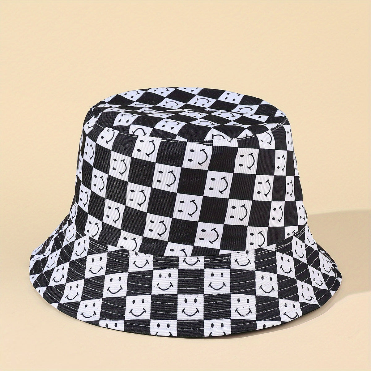 Smiling Face Print Bucket Hat Checkerboard Reversible Basin Hat