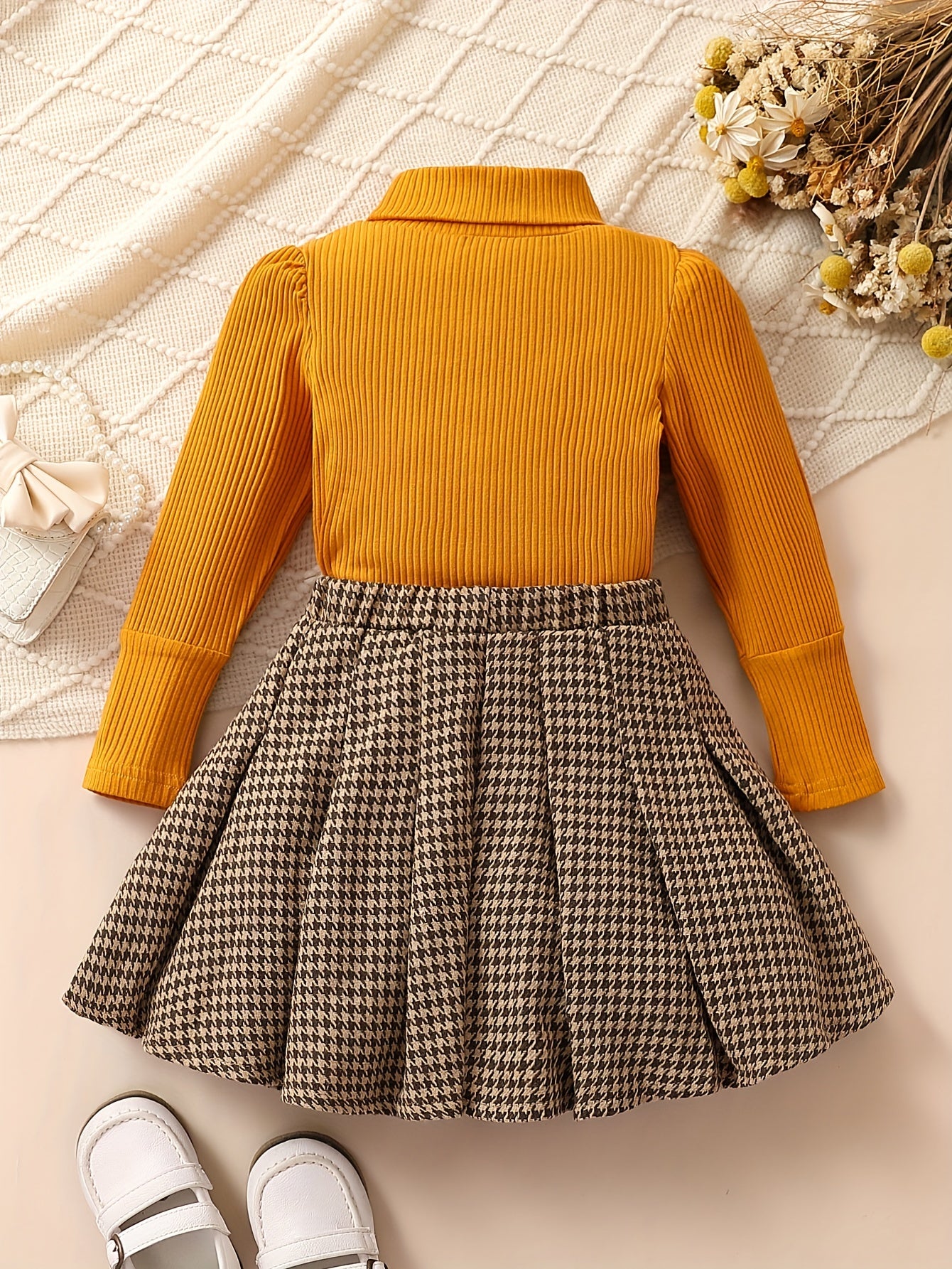 Girl's Preppy Style Turtleneck Top & Houndstooth Skirt Set