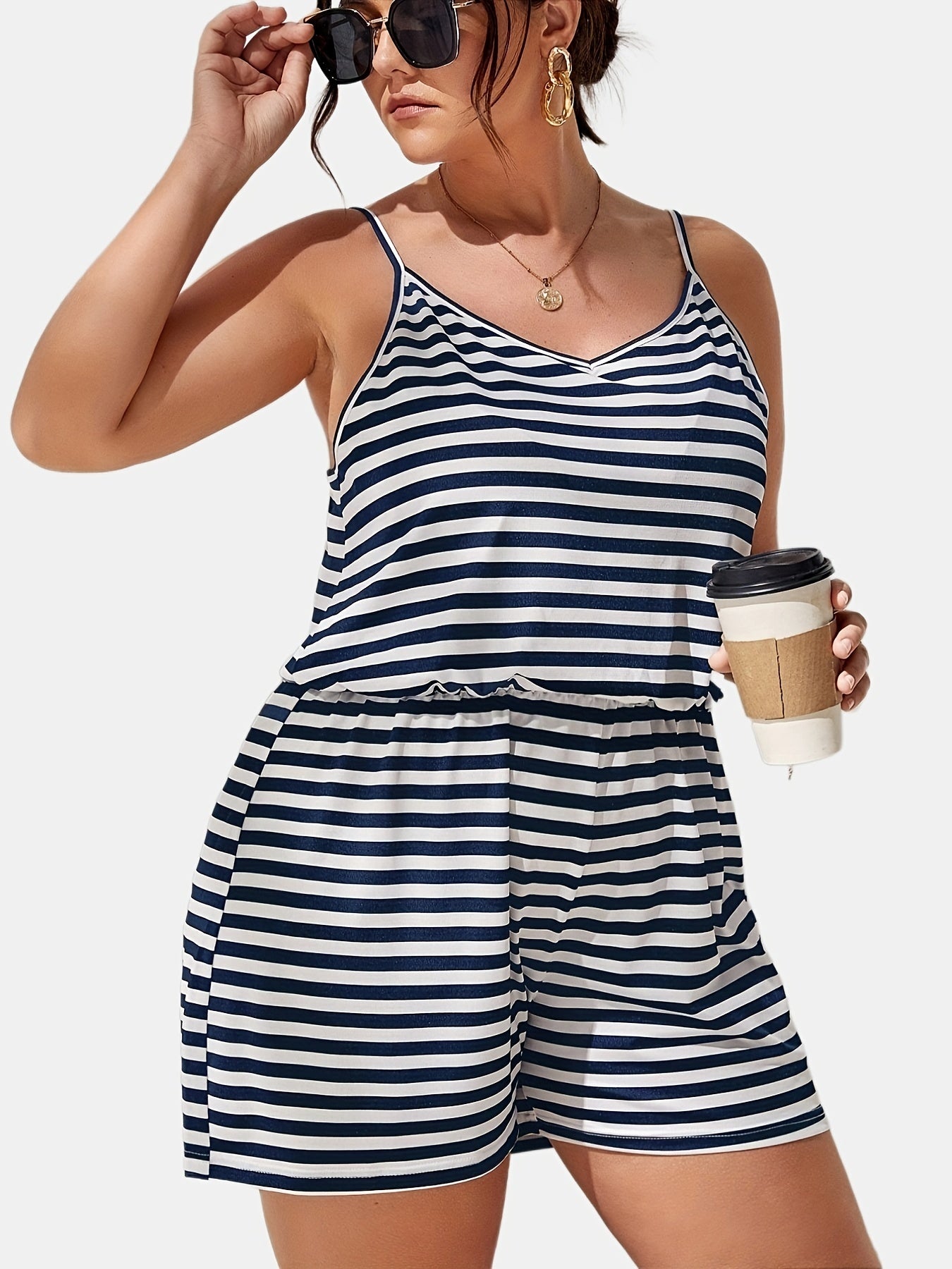  Casual Romper Women's Plus Stripe V Neck Nipped Waist