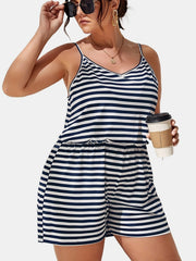  Casual Romper Women's Plus Stripe V Neck Nipped Waist