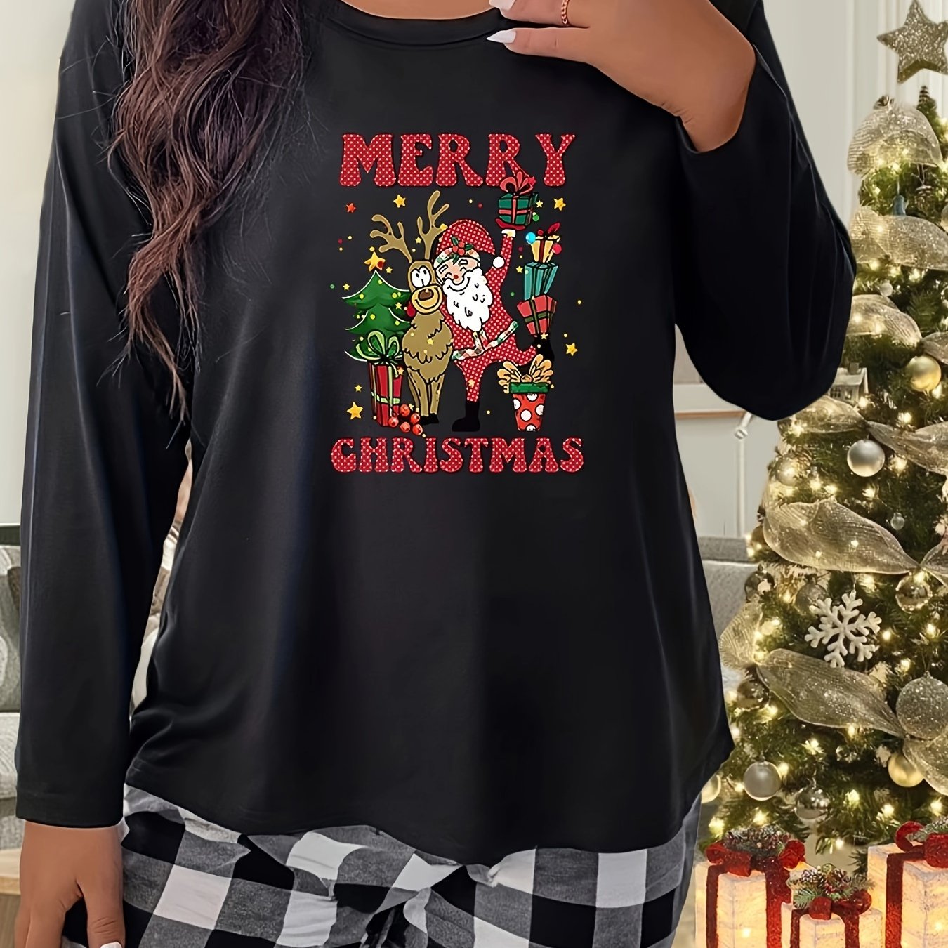  Santa Claus Graphic Long Sleeve Sleepwear Top