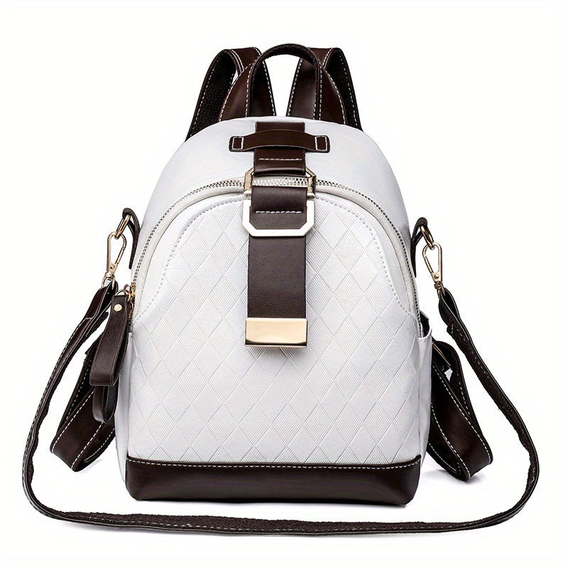 Small Rhombus Pattern Retro Backpack PU Leather Textured School Travel Bag